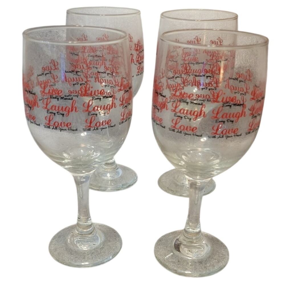 Libbey Glass Live Laugh Love Stemmed Wine Glasses Black Red Set of 4 New